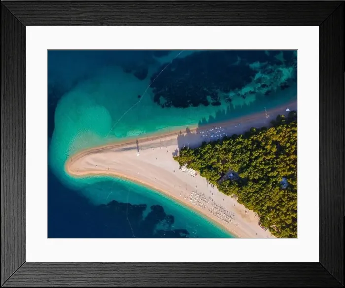 Framed Print : Croatia, Brac island, Bol. Panoramic aerial view of the Zlatni Rat sandy beach and sea from made with drone Framed Print : Croatia, Brac island, Bol. Panoramic aerial view of the Zlatni Rat sandy beach and sea from made with drone