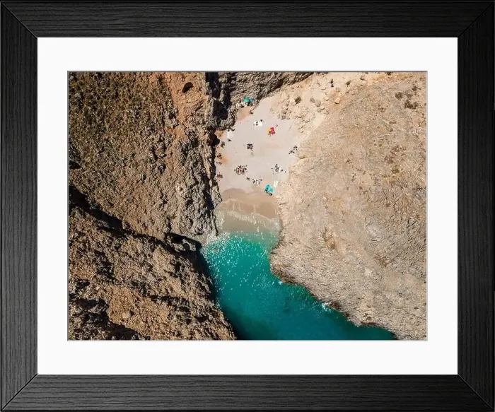 Framed Print : Aerial top view by drone of beach of Seitan Limania in bay with turquoise water and an unusual shape in Akrotiri, Crete Framed Print : Aerial top view by drone of beach of Seitan Limania in bay with turquoise water and an unusual shape in Akrotiri, Crete