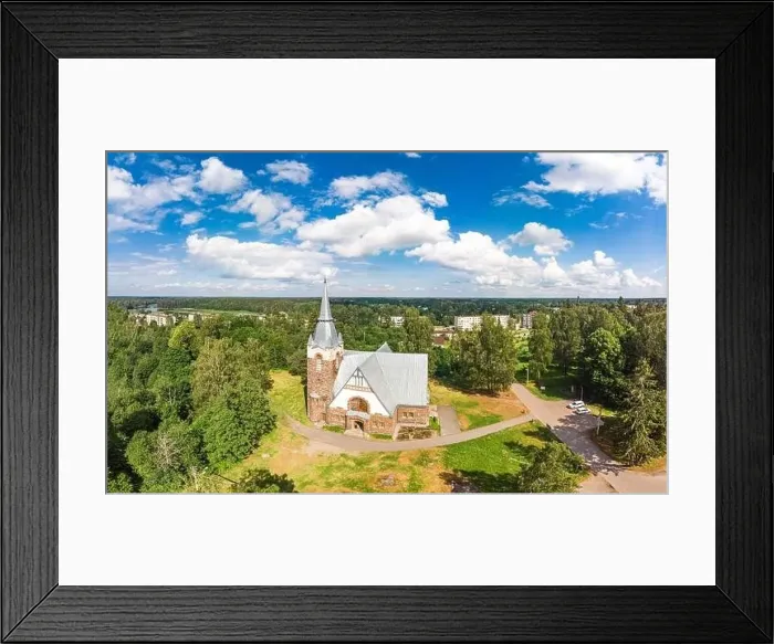 Framed Print : Aerial panoramic view to old lutheran church kirk Ryaysyalya designed by architect Joseph Stenback in style of Finnish Framed Print : Aerial panoramic view to old lutheran church kirk Ryaysyalya designed by architect Joseph Stenback in style of Finnish