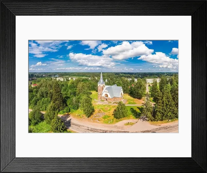 Framed Print : Aerial panoramic view to old lutheran church kirk Ryaysyalya designed by architect Joseph Stenback in style of Finnish Framed Print : Aerial panoramic view to old lutheran church kirk Ryaysyalya designed by architect Joseph Stenback in style of Finnish