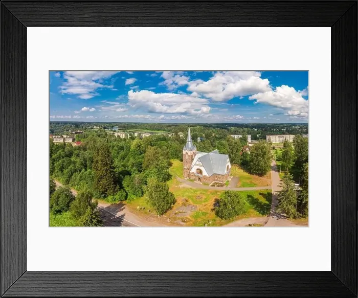 Framed Print : Aerial panoramic view to old lutheran church kirk Ryaysyalya designed by architect Joseph Stenback in style of Finnish Framed Print : Aerial panoramic view to old lutheran church kirk Ryaysyalya designed by architect Joseph Stenback in style of Finnish