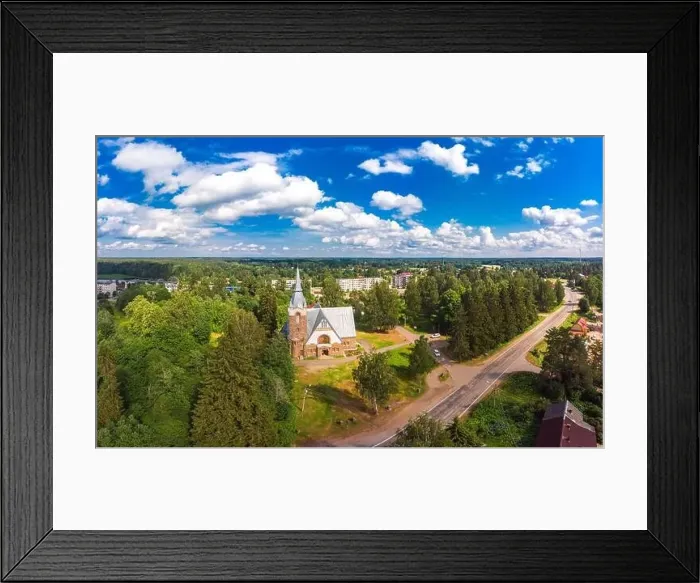 Framed Print : Aerial panoramic view to old lutheran church kirk Ryaysyalya designed by architect Joseph Stenback in style of Finnish Framed Print : Aerial panoramic view to old lutheran church kirk Ryaysyalya designed by architect Joseph Stenback in style of Finnish