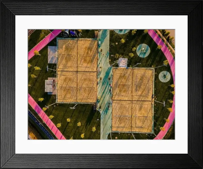 Framed Print : Beach Volleyball in Urban Park. Abstract Drone Top Down View Framed Print : Beach Volleyball in Urban Park. Abstract Drone Top Down View