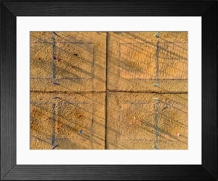 Framed Print : Beach Volleyball Fields in Public Urban Park. Top Down Abstract Aerial Drone View Framed Print : Beach Volleyball Fields in Public Urban Park. Top Down Abstract Aerial Drone View