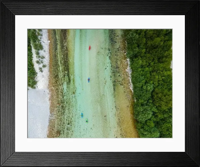Framed Print : Kayak and Rafting Adventure Sport on River Soca in Bovec, Slovenia. Aerial Drone Top Down View Framed Print : Kayak and Rafting Adventure Sport on River Soca in Bovec, Slovenia. Aerial Drone Top Down View