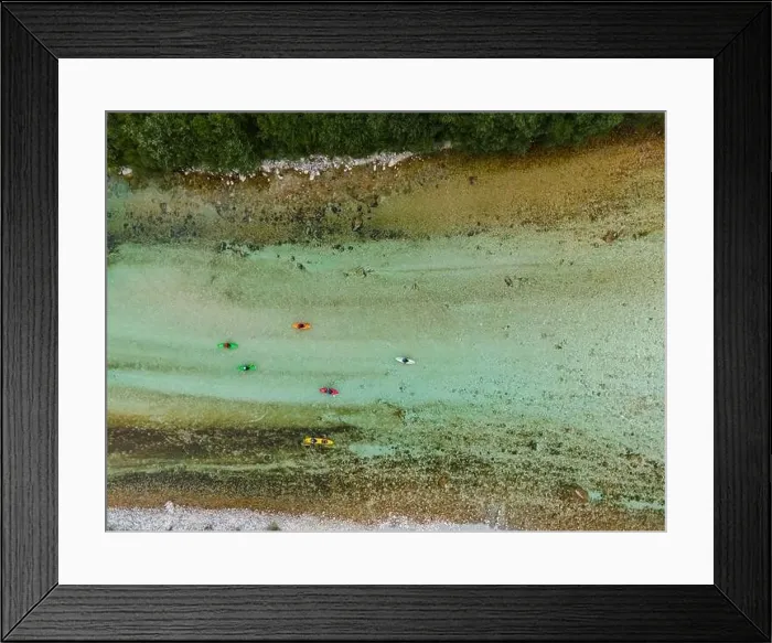 Framed Print : Kayak and Rafting Adventure Sport on River Soca in Bovec, Slovenia. Aerial Drone Top Down View Framed Print : Kayak and Rafting Adventure Sport on River Soca in Bovec, Slovenia. Aerial Drone Top Down View