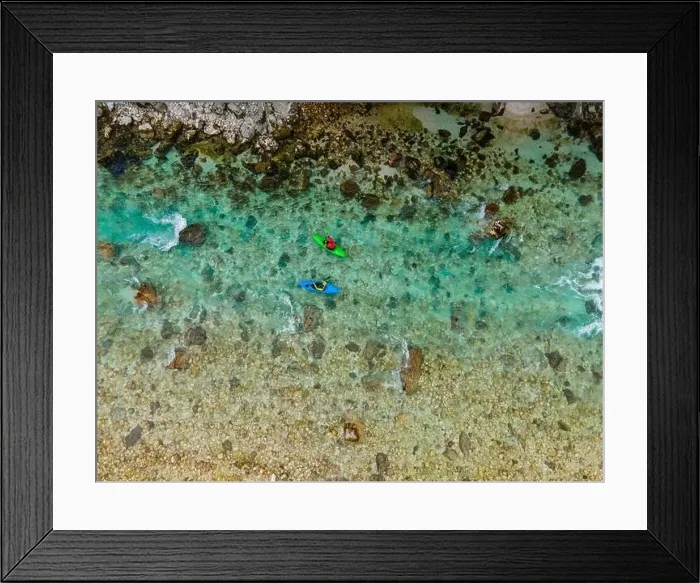 Framed Print : Kayak and Rafting Adventure Sport on River Soca in Bovec, Slovenia. Aerial Drone Top Down View Framed Print : Kayak and Rafting Adventure Sport on River Soca in Bovec, Slovenia. Aerial Drone Top Down View