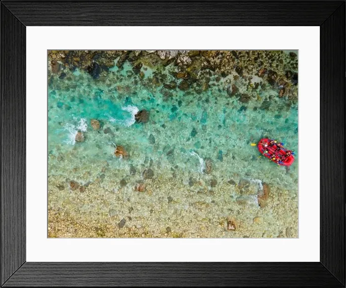 Framed Print : Kayak and Rafting Adventure Sport on River Soca in Bovec, Slovenia. Aerial Drone Top Down View Framed Print : Kayak and Rafting Adventure Sport on River Soca in Bovec, Slovenia. Aerial Drone Top Down View