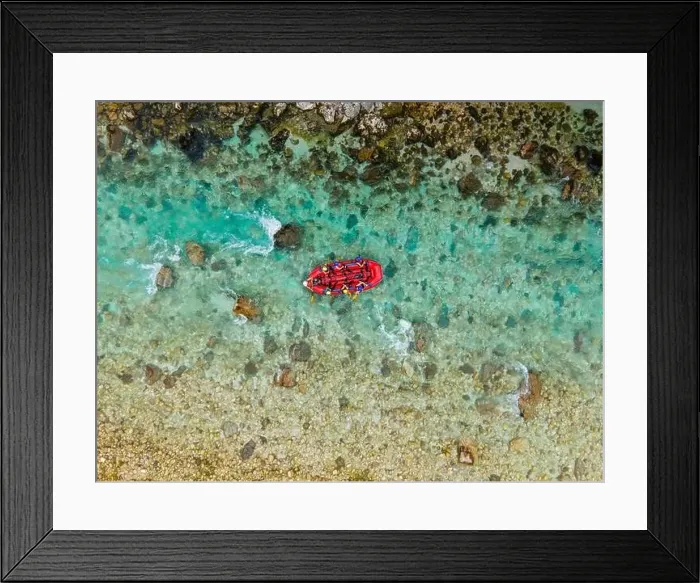 Framed Print : Kayak and Rafting Adventure Sport on River Soca in Bovec, Slovenia. Aerial Drone Top Down View Framed Print : Kayak and Rafting Adventure Sport on River Soca in Bovec, Slovenia. Aerial Drone Top Down View