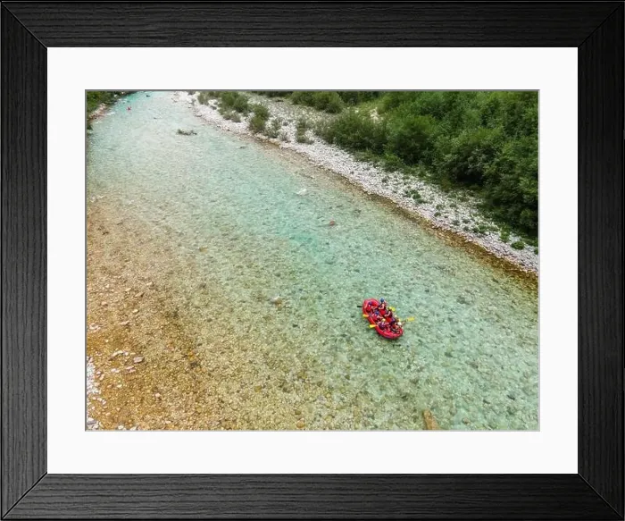 Framed Print : Kayak and Rafting Adventure Sport on River Soca in Bovec, Slovenia. Aerial Drone Top Down View Framed Print : Kayak and Rafting Adventure Sport on River Soca in Bovec, Slovenia. Aerial Drone Top Down View
