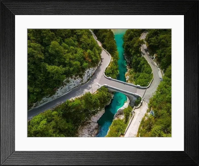 Framed Print : Napoleons Bridge Over Soca River Valley in Slovenia. Drone View from Above