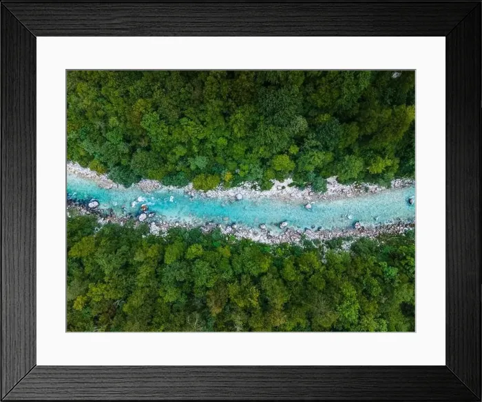 Framed Print : Soca River Valley in Slovenia. Top Down Aerial Drone view Framed Print : Soca River Valley in Slovenia. Top Down Aerial Drone view