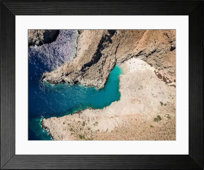 Framed Print : Aerial top view by drone of beach of Seitan Limania in bay with turquoise water and an unusual shape in Akrotiri, Crete Framed Print : Aerial top view by drone of beach of Seitan Limania in bay with turquoise water and an unusual shape in Akrotiri, Crete