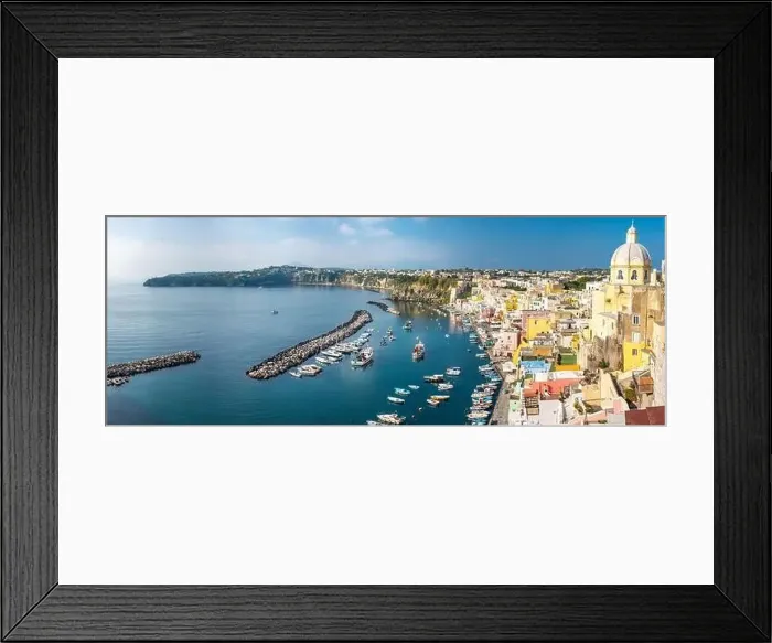 Framed Print : Aerial drone view of Corricella fisherman village in Procida island Naples Italy Framed Print : Aerial drone view of Corricella fisherman village in Procida island Naples Italy