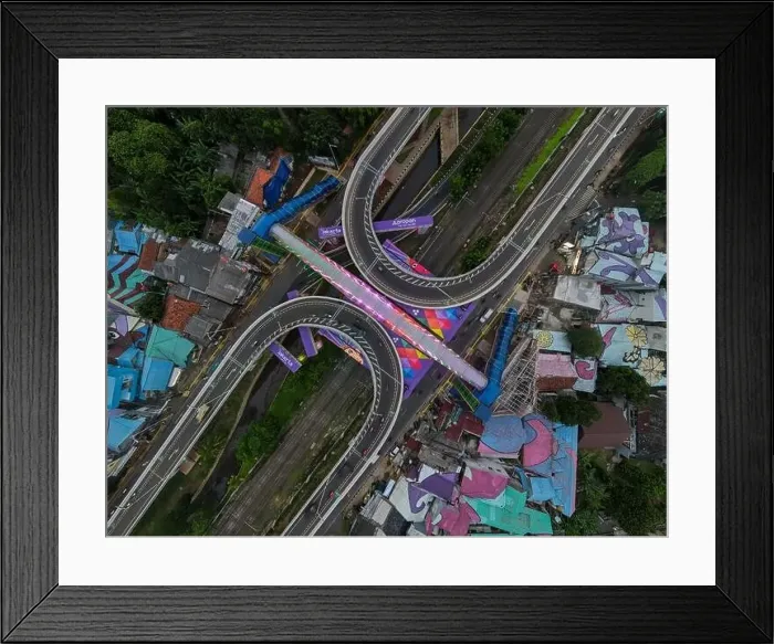 Framed Print : Aerial view of infinity sign traffic junction cross Jakarta a city of collaboartion road with car transport Framed Print : Aerial view of infinity sign traffic junction cross Jakarta a city of collaboartion road with car transport