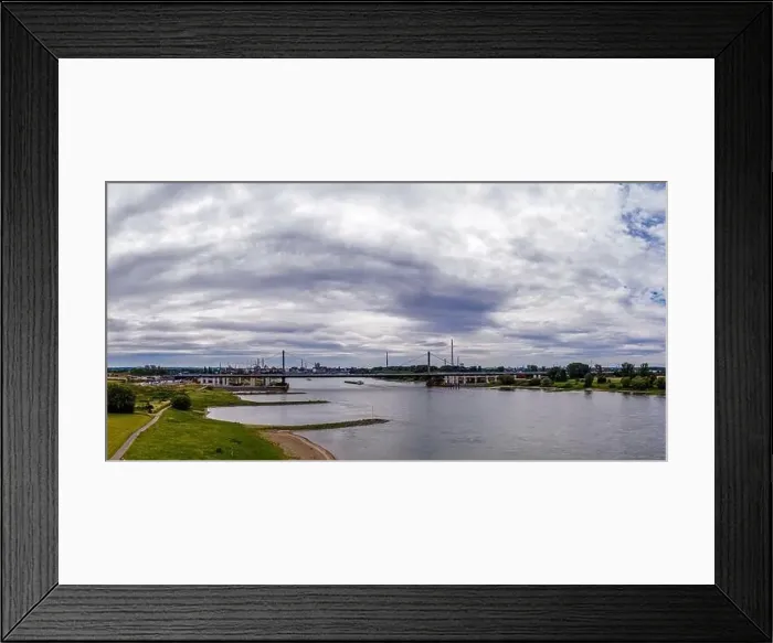 Framed Print : Panoramic view of the Rhine motorway bridge near Leverkusen, Germany. Drone photography Framed Print : Panoramic view of the Rhine motorway bridge near Leverkusen, Germany. Drone photography