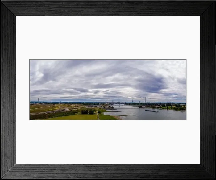 Framed Print : Panoramic view of the Rhine motorway bridge near Leverkusen, Germany. Drone photography Framed Print : Panoramic view of the Rhine motorway bridge near Leverkusen, Germany. Drone photography