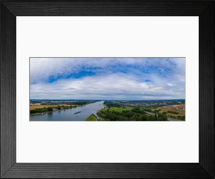 Framed Print : Panoramic view of the Rhine river near Leverkusen, Germany. Drone photography Framed Print : Panoramic view of the Rhine river near Leverkusen, Germany. Drone photography