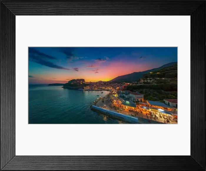 Framed Print : Aerial panoramic cityscape view over Parga coastal city, Epirus, Greece Framed Print : Aerial panoramic cityscape view over Parga coastal city, Epirus, Greece