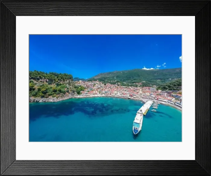 Framed Print : Aerial panoramic cityscape view over Parga coastal city, Epirus, Greece