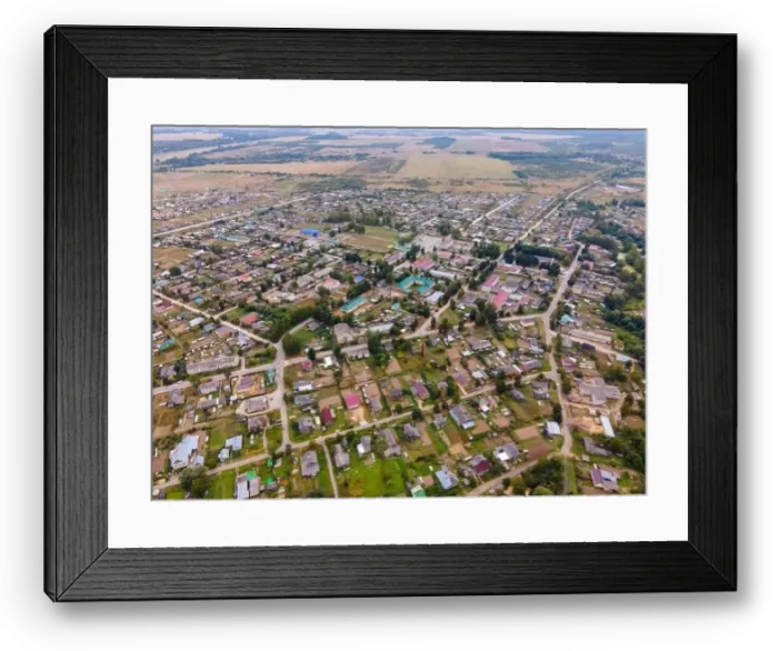 Framed Print : Residential buildings between roads and lawns in suburb Framed Print : Residential buildings between roads and lawns in suburb