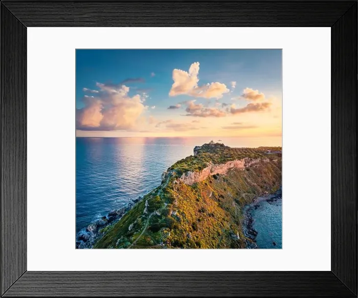 Framed Print : View from flying drone. Aerial spring view of Milazzo lighthouse Framed Print : View from flying drone. Aerial spring view of Milazzo lighthouse