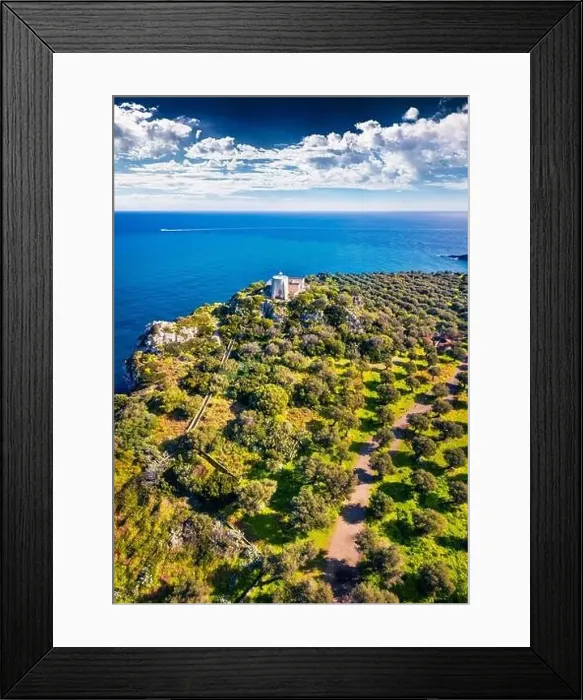 Framed Print : View from flying drone. Aerial spring view of Milazzo lighthouse Framed Print : View from flying drone. Aerial spring view of Milazzo lighthouse