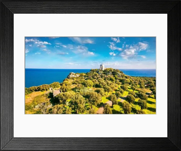 Framed Print : View from flying drone. Aerial spring view of Milazzo lighthouse Framed Print : View from flying drone. Aerial spring view of Milazzo lighthouse