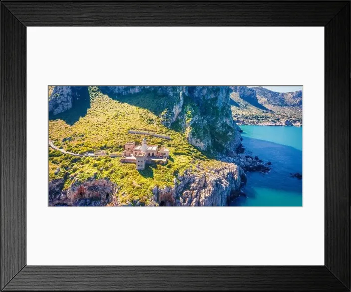 Framed Print : View from flying drone. Panoramic morning view of Zafferano cape with lighthouse Framed Print : View from flying drone. Panoramic morning view of Zafferano cape with lighthouse