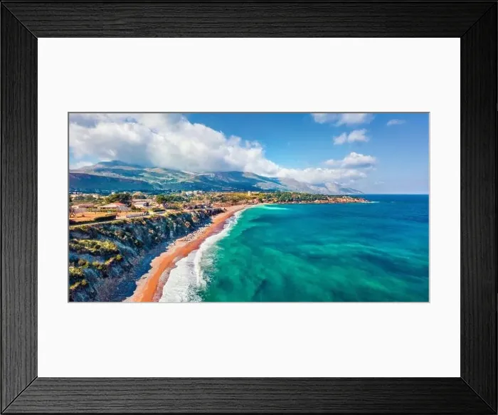 Framed Print : View from flying drone. Panoramic morning view of popular italian destination - Guidaloca beach Framed Print : View from flying drone. Panoramic morning view of popular italian destination - Guidaloca beach