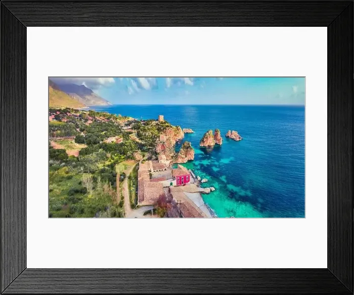 Framed Print : View from flying drone. Picturesque spring scene of Tonnara di Scopello Framed Print : View from flying drone. Picturesque spring scene of Tonnara di Scopello