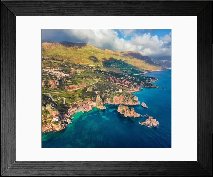 Framed Print : View from flying drone. Splendid spring scene of Tonnara di Scopello Framed Print : View from flying drone. Splendid spring scene of Tonnara di Scopello