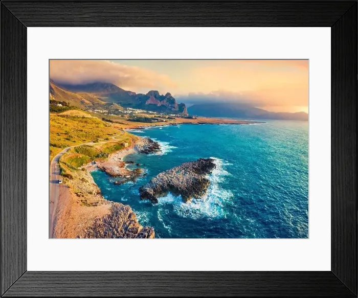 Framed Print : View from flying drone. Amazing spring sunset on Sicily Framed Print : View from flying drone. Amazing spring sunset on Sicily