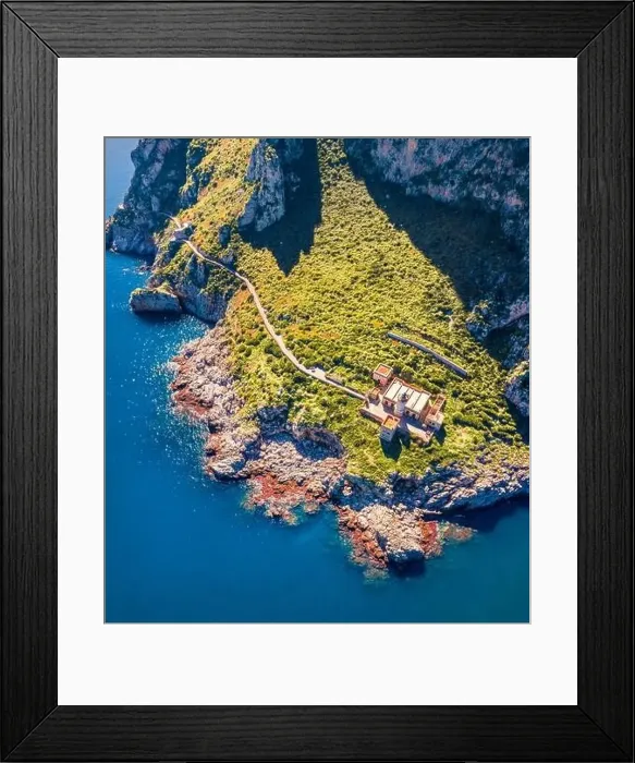 Framed Print : View from flying drone. Top down view of Zafferano cape with lighthouse