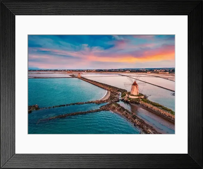Framed Print : View from flying drone. Majestic spring sunset on the popular tourist attraction - Imbarcadero Storico Mothia Framed Print : View from flying drone. Majestic spring sunset on the popular tourist attraction - Imbarcadero Storico Mothia