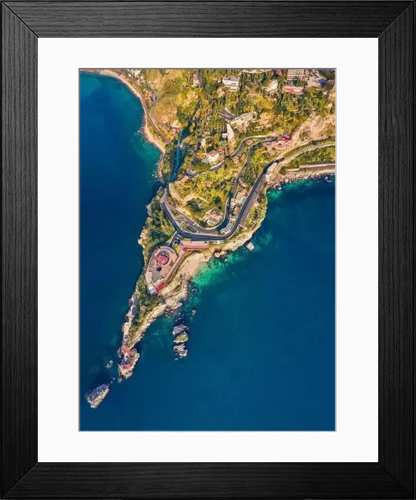 Framed Print : View from flying drone. Top down view of Taormina town Framed Print : View from flying drone. Top down view of Taormina town