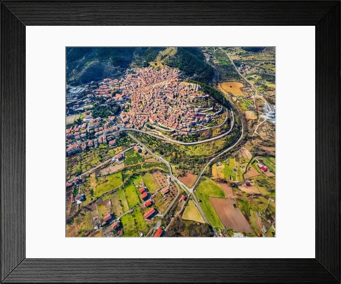 Framed Print : View from flying drone. Colorful spring cityscape of Morano Calabro town Framed Print : View from flying drone. Colorful spring cityscape of Morano Calabro town