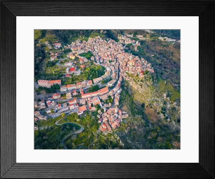 Framed Print : View from flying drone. Top down cotyscape of Novara di Sicilia town