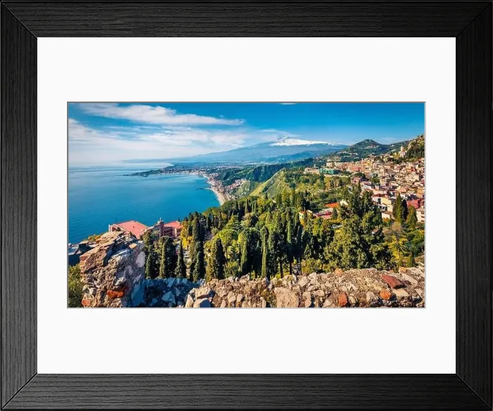 Framed Print : View from flying drone. Sunny morning view of Taormina town and Etna volcano on background Framed Print : View from flying drone. Sunny morning view of Taormina town and Etna volcano on background
