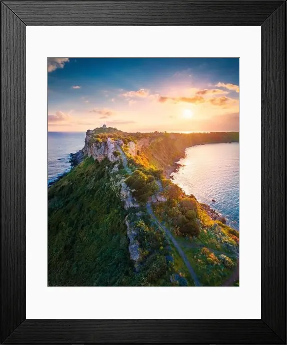 Framed Print : View from flying drone. Aerial spring view of Milazzo lighthouse Framed Print : View from flying drone. Aerial spring view of Milazzo lighthouse