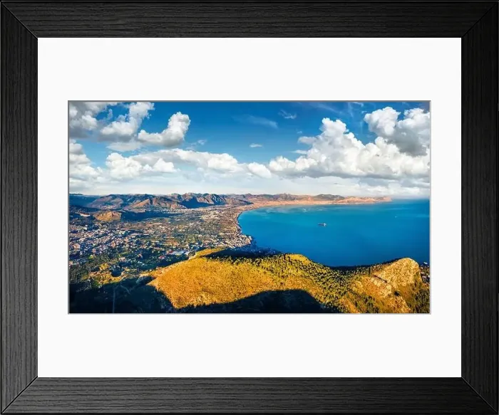 Framed Print : View from flying drone. Sunny morning cityscape of Palermo city