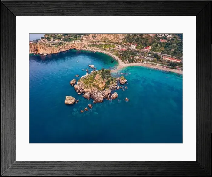 Framed Print : View from flying drone. Aerial morning view of Bella island