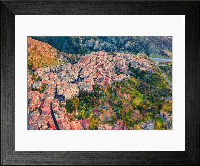 Framed Print : View from flying drone. Bright morning cityscape of Stilo town Framed Print : View from flying drone. Bright morning cityscape of Stilo town