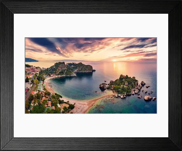 Framed Print : View from flying drone. Attractive morning view of Bella island Framed Print : View from flying drone. Attractive morning view of Bella island