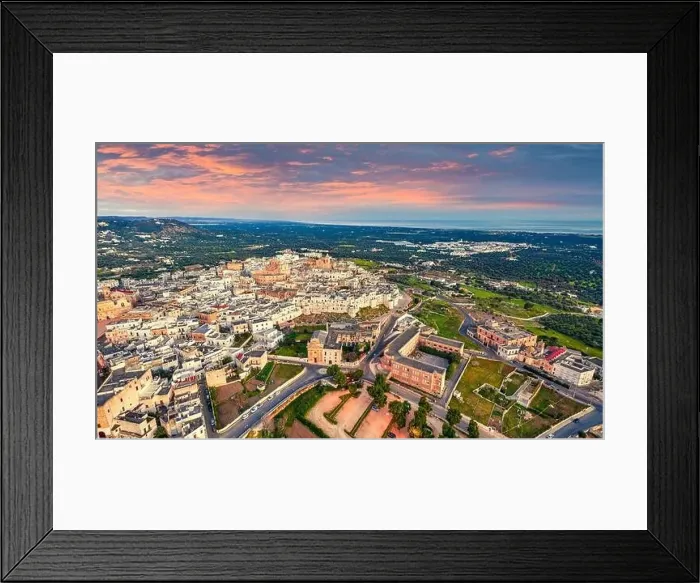 Framed Print : View from flying drone. Unbelievable spring sunrise in Ostuni town Framed Print : View from flying drone. Unbelievable spring sunrise in Ostuni town