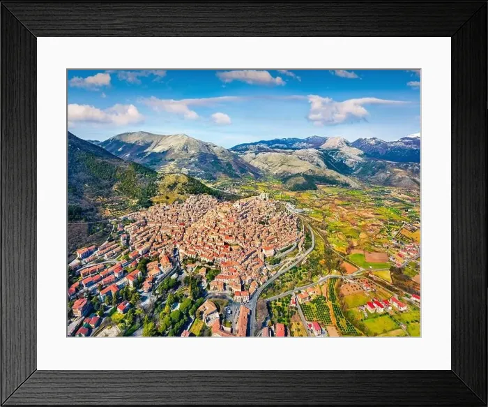 Framed Print : View from flying drone. Colorful spring cityscape of Morano Calabro town Framed Print : View from flying drone. Colorful spring cityscape of Morano Calabro town