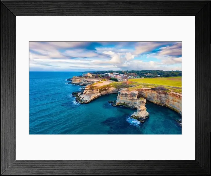 Framed Print : View from flying drone. Aerial spring view of popular tourist attraction - Torre Sant'Andrea Framed Print : View from flying drone. Aerial spring view of popular tourist attraction - Torre Sant'Andrea