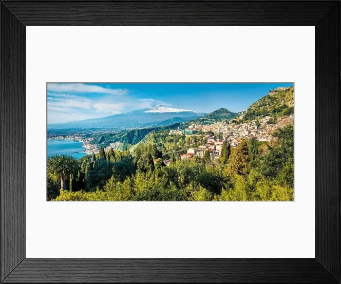 Framed Print : View from flying drone. Amazing morning view of Taormina town and Etna volcano on background Framed Print : View from flying drone. Amazing morning view of Taormina town and Etna volcano on background