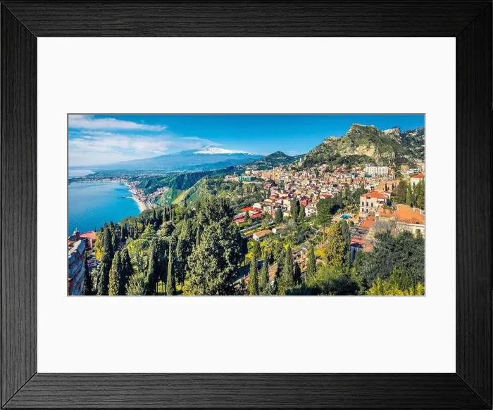 Framed Print : View from flying drone. Exciting morning view of Taormina town and Etna volcano on background Framed Print : View from flying drone. Exciting morning view of Taormina town and Etna volcano on background