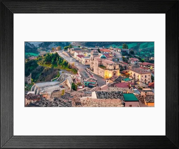 Framed Print : Colorful morning cityscape of Stilo town. Panoramic spring scene of Apulia, Italy, Europe. Traveling concept background Framed Print : Colorful morning cityscape of Stilo town. Panoramic spring scene of Apulia, Italy, Europe. Traveling concept background